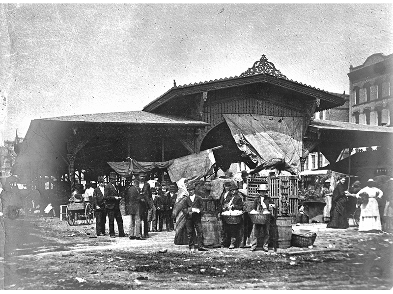 From 1841 to 1891, Cadillac Square was home to the Detroit farmers market. By the time this photo was taken, ca. 1880, significant numbers of Italian and Polish immigrants were moving to the rapidly growing city. Photo by UofM School of Public Health