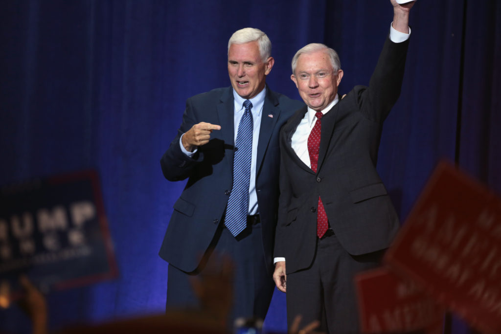 Jeff Sessions (right) with Vice President-elect Mike Pence on the campaign trail in September 2016. Photo courtesy of Wikimedia user Gage Skidmore.